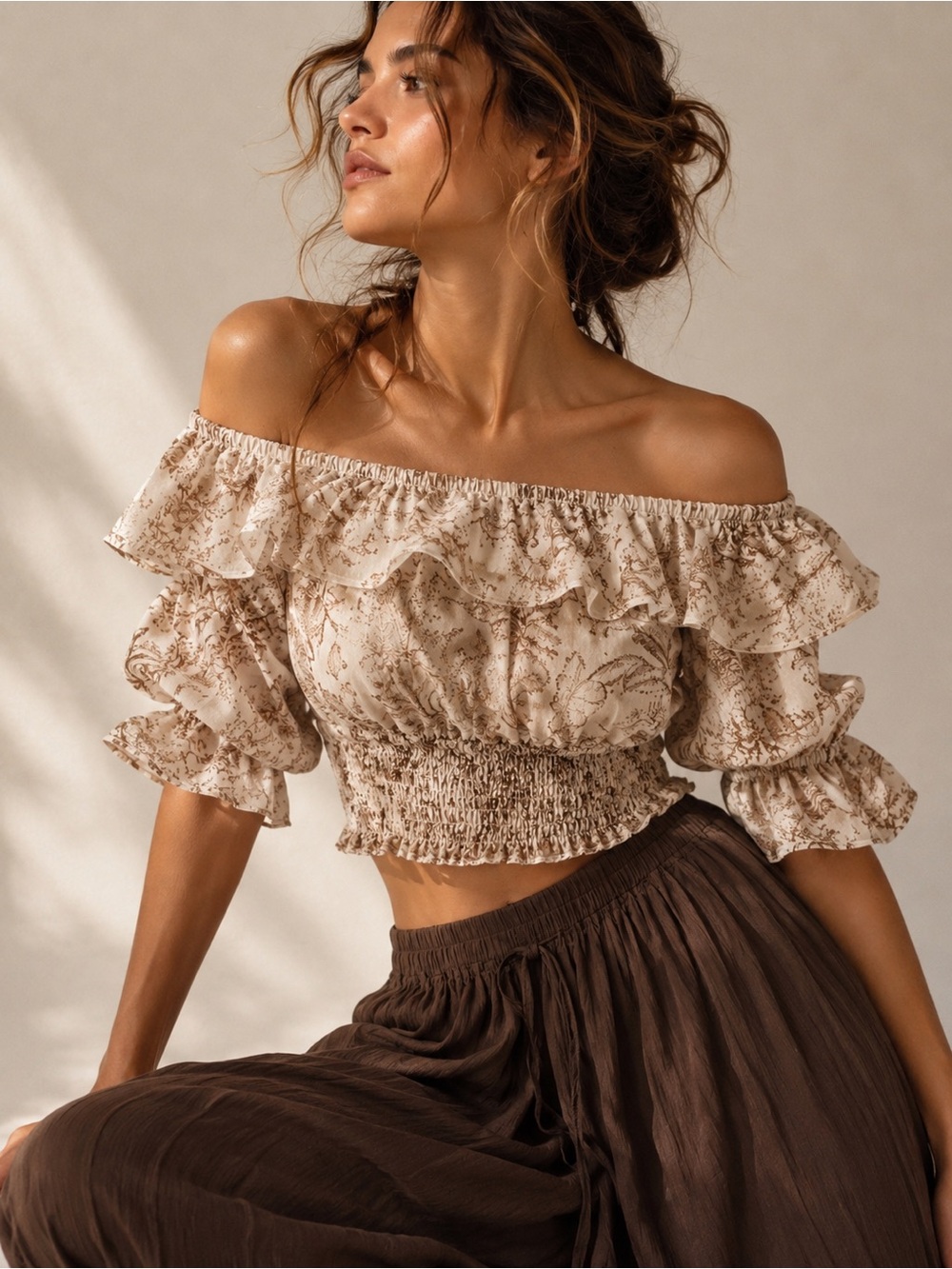 Off Shoulder Floral Smocked Crop Top Puff Sleeve Forever That Girl Size S